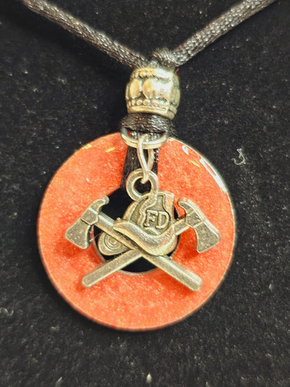 Crossed Axe and Fire Helmet Charm on Painted Washer Pendant