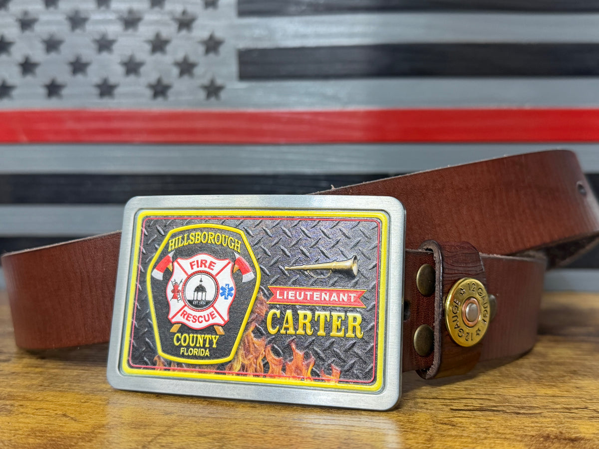 Custom firefighter belt buckle on leather belt — 1st Due