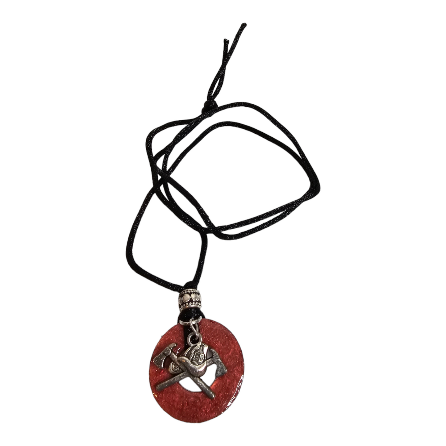 Crossed Axe and Fire Helmet Charm on Painted Washer Pendant